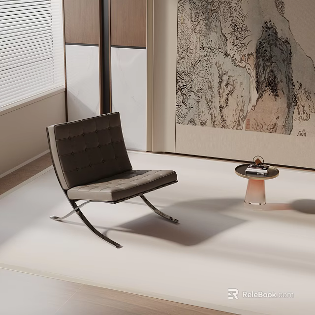 Dark Gray Leisure Chair With Button Tufted Backrest Metal Frame By Window With Side Table 3d model