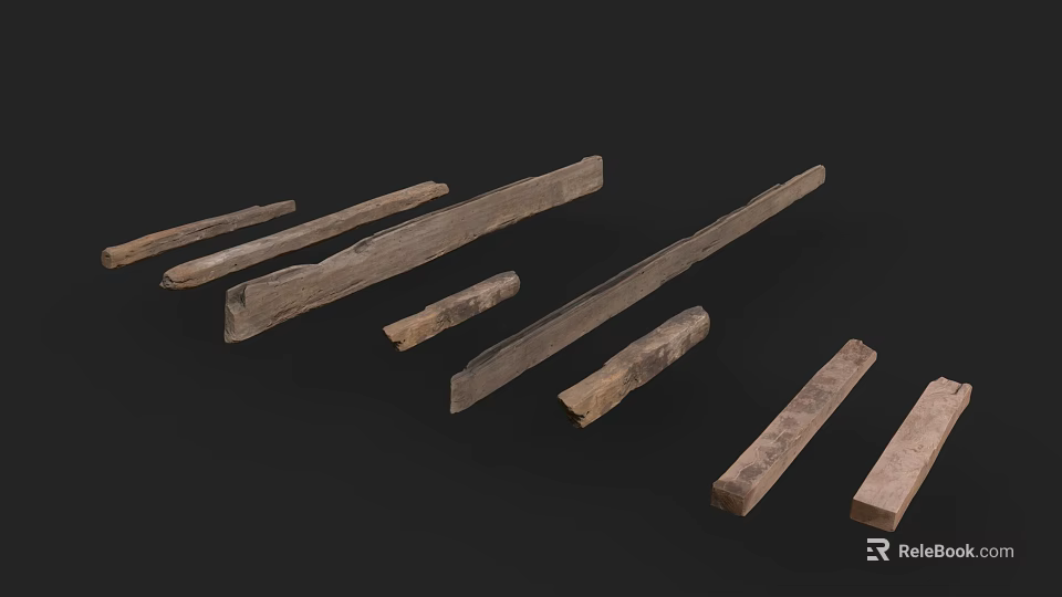 Wood and Stone Strips in Various Lengths and Shapes on Black Background 3d model 