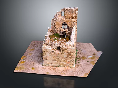 Ancient Stone Ruined Building Structure With Broken Walls And Window On Square Base 3d model