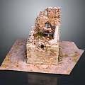Ancient Stone Ruined Building Structure With Broken Walls And Window On Square Base 3d model
