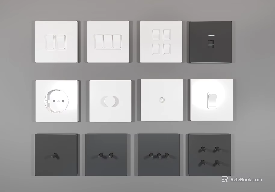 White and Gray Switch Panels with Various Designs Including Switches and Power Sockets 3d model 