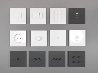 White and Gray Switch Panels with Various Designs Including Switches and Power Sockets 3d model