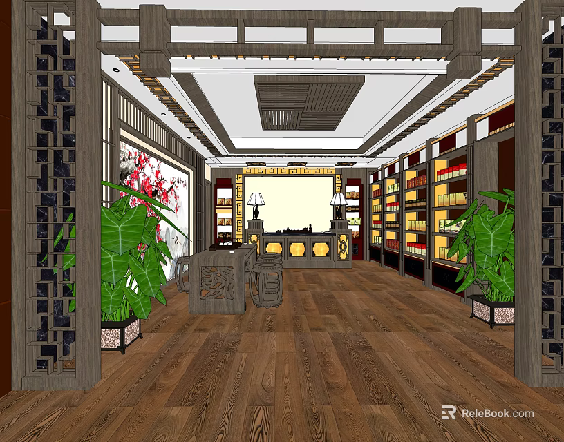 Traditional Chinese Specialty Store Interior With Wooden Flooring Display Shelves And Green Plants 3d model 