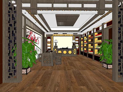 Traditional Chinese Specialty Store Interior With Wooden Flooring Display Shelves And Green Plants 3d model