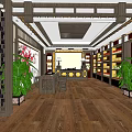 Traditional Chinese Specialty Store Interior With Wooden Flooring Display Shelves And Green Plants