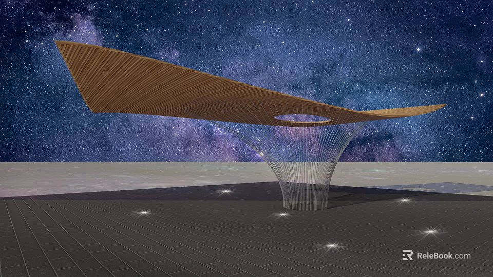 Modern Pergola with Wooden Curved Roof Transparent Support and Starry Sky Background 3d model 