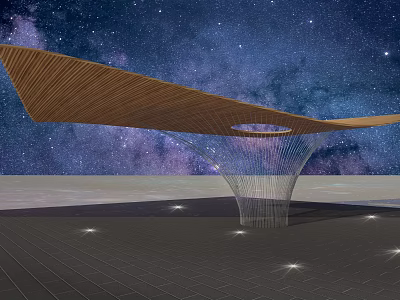Modern Pergola with Wooden Curved Roof Transparent Support and Starry Sky Background 3d model