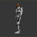 Futuristic Game Movie Character In Silver Mechanical Armor With Blue Glowing Core And Weapon