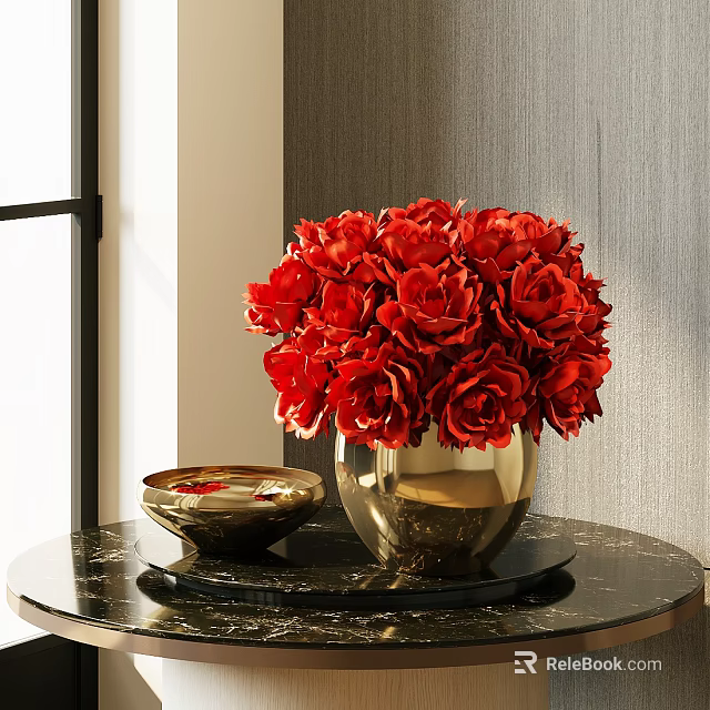 Red Roses in Gold Vase on Black Marble Table with Gold Bowl and Gray Wall 3d model 