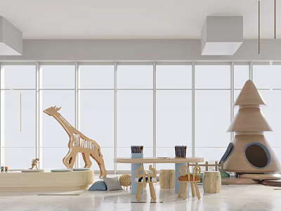 Kids Table In Bright Playroom With Wooden Decorations 3d model