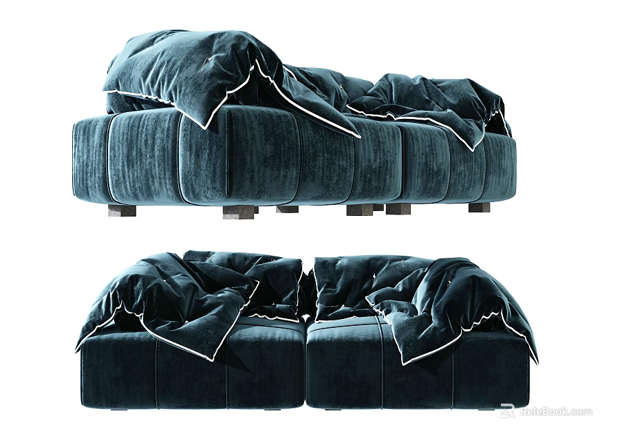 Elegant Teal Velvet Two Seater Sofa with Plush Ruffled Cushions and Sturdy Metal Legs 3d model 