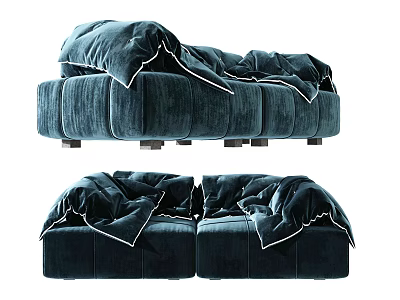 Elegant Teal Velvet Two Seater Sofa with Plush Ruffled Cushions and Sturdy Metal Legs 3d model