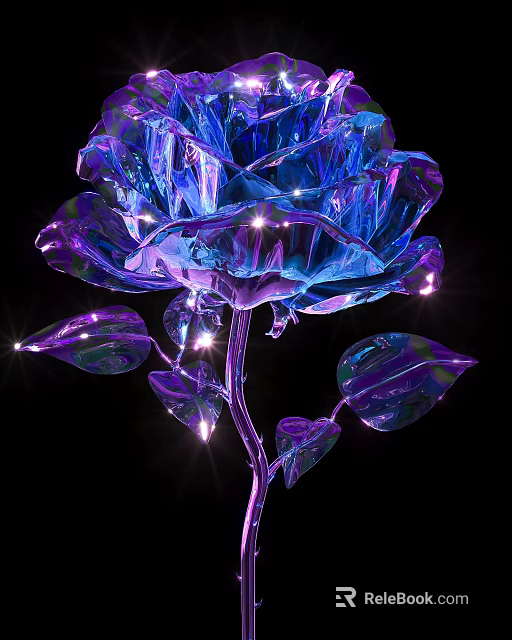 Floral Art Display With Transparent Crystal Rose Blue Purple Glowing Leaves And Black Background 3d model 