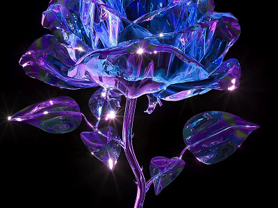 Floral Art Display With Transparent Crystal Rose Blue Purple Glowing Leaves And Black Background 3d model