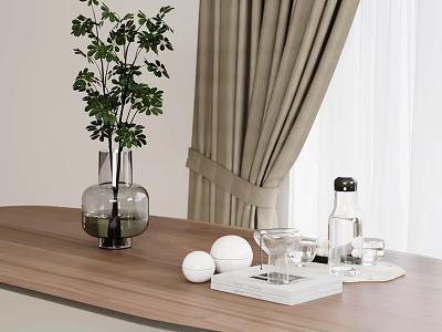 Green Plant in Glass Vase on Wooden Table with Curtain Indoor and White Balls Glassware 3d model