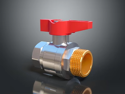 Industrial Ball Valve With Red Handle Silver Body And Golden Connector 3d model