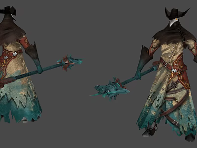 Mystical Game Movie Character With Tattered Cloak Feathered Hat And Crystal Staff 3d model