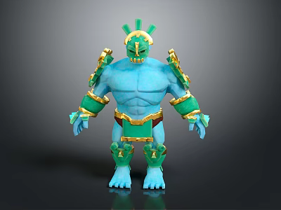 Blue Mythical Warrior Creature With Green Headdress And Gold Armor Details 3d model