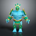 Blue Mythical Warrior Creature With Green Headdress And Gold Armor Details