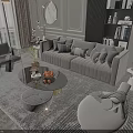 Modern Grey Sofa and Coffee Table Set With Plush Cushions Patterned Rug and Round Mirror 3d model