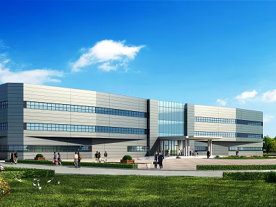Modern Office Building Exterior With Glass Curtain Wall Green Lawn And People Walking 3d model