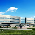 Modern Office Building Exterior With Glass Curtain Wall Green Lawn And People Walking
