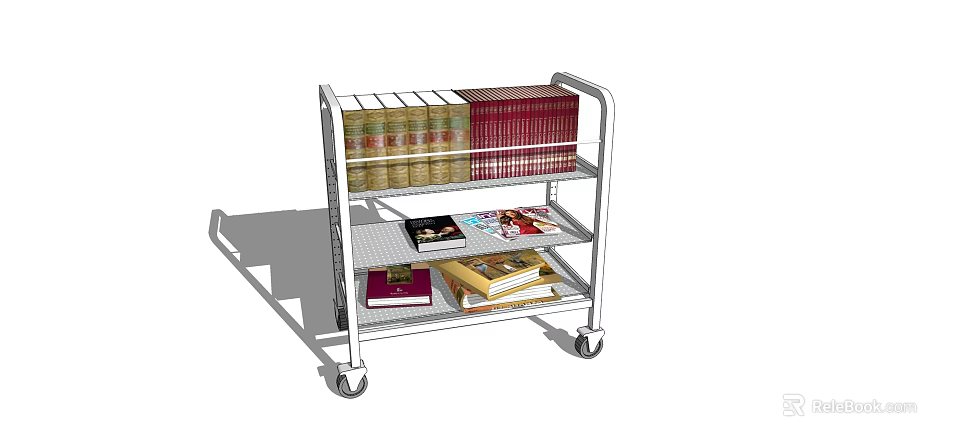 Metal Frame Rolling Shelf Cart with Three Tiers Holding Books and Magazines 3d model 