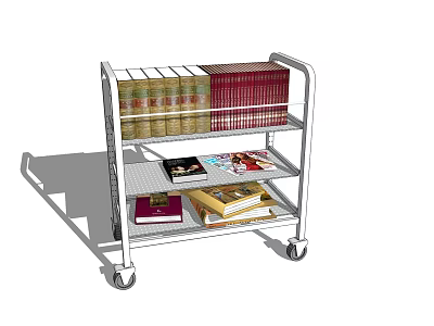 Metal Frame Rolling Shelf Cart with Three Tiers Holding Books and Magazines 3d model