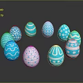 Easter Bunny Themed Colorful Blue White Eggs With Star Wave Striped Patterns On Black Background
