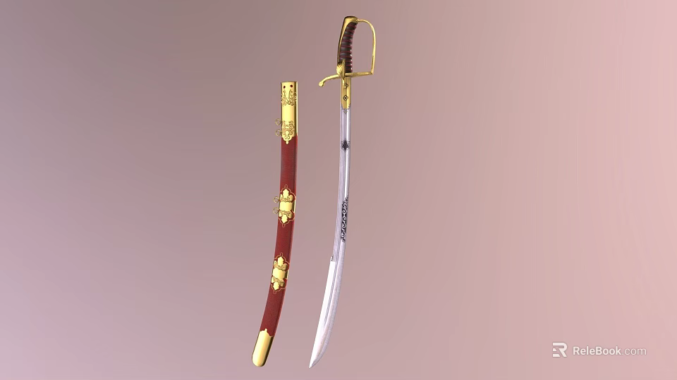 Classic Sword With Red Scabbard Golden Accents Brown Handle And Silver Engraved Blade 3d model 