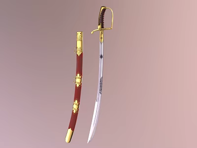 Classic Sword With Red Scabbard Golden Accents Brown Handle And Silver Engraved Blade 3d model