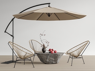 Modern Outdoor Leisure Chair Combination Rattan Outdoor Table and Chair Stone Coffee Table with Parasol 3d model