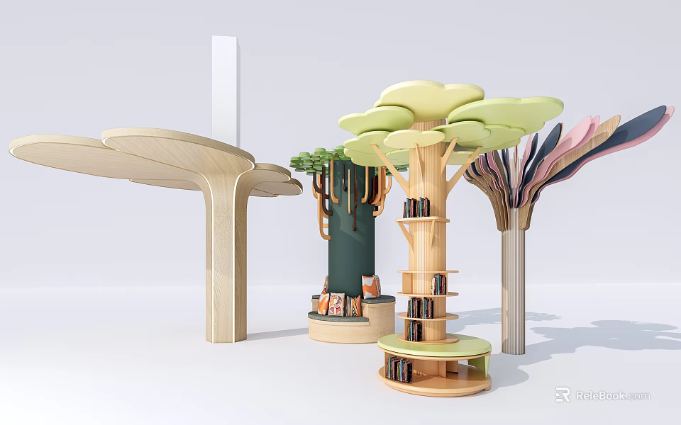 Unique Design Tree Shaped Pillars With Wooden Bookshelves And Modern Artistic Natural Elements 3d model 