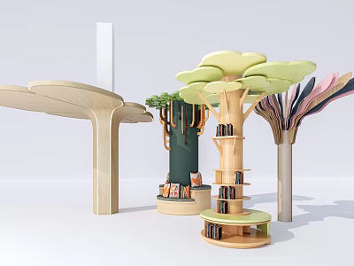 Unique Design Tree Shaped Pillars With Wooden Bookshelves And Modern Artistic Natural Elements 3d model