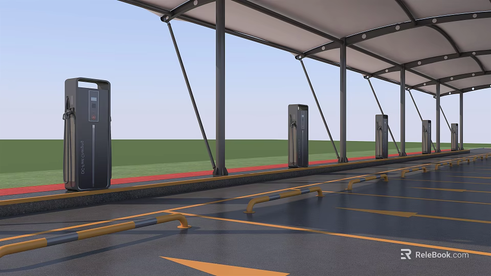 Modern Charging Station With Covered Parking And Multiple Charging Piles 3d model