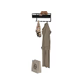 Stylish Beige Coats Hanging On Rack With Scarf And Paper Bag