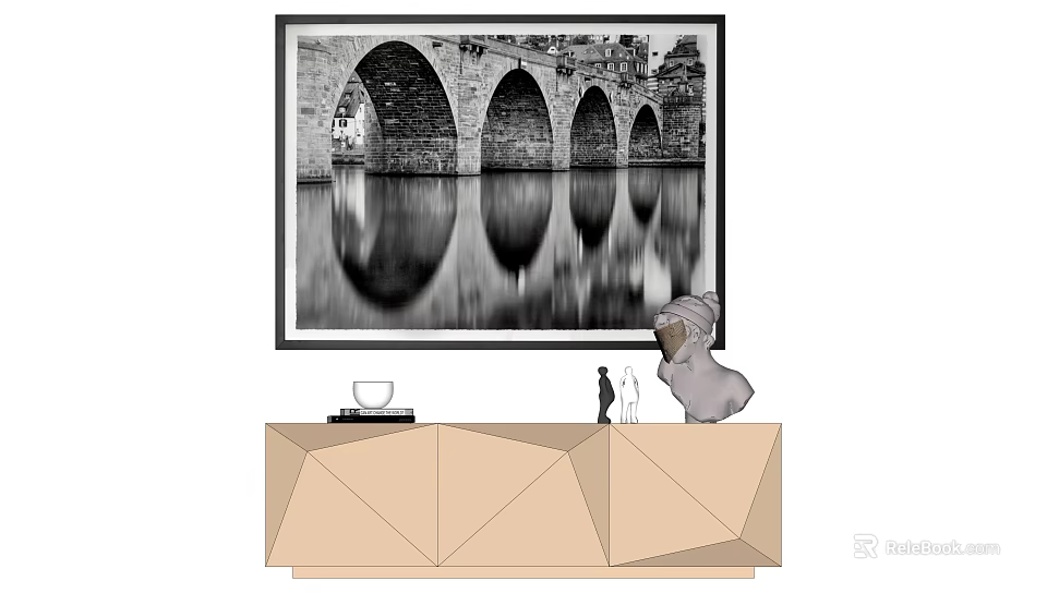 Stylish Console Table With Black White Bridge Photo Arches And Water Reflection 3d model 