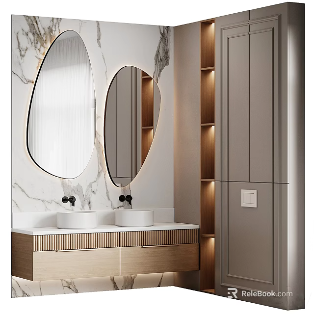 Modern Bathroom Interior With Marble Wall Oval Backlit Mirrors Double Sinks And Wooden Cabinets 3d model 
