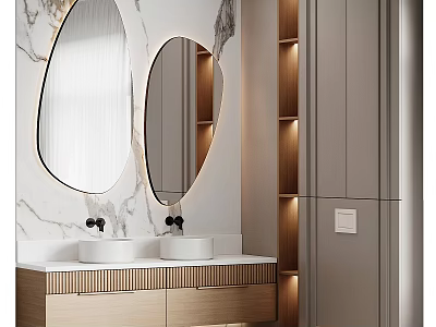 Modern Bathroom Interior With Marble Wall Oval Backlit Mirrors Double Sinks And Wooden Cabinets 3d model