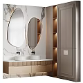 Modern Bathroom Interior With Marble Wall Oval Backlit Mirrors Double Sinks And Wooden Cabinets