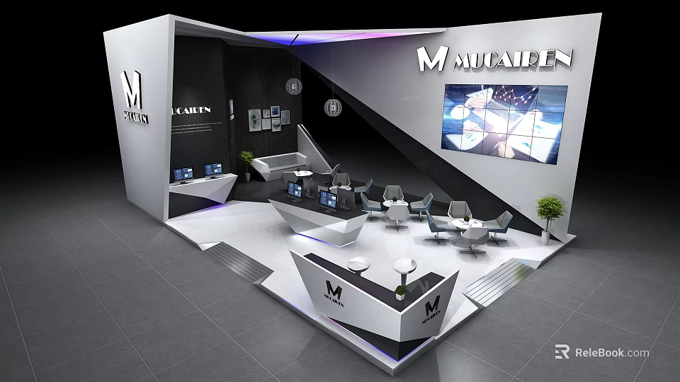 Modern Exhibition Booth Design With MADEAIN Logo Digital Screens And Furniture 3d model 
