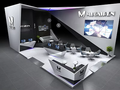 Modern Exhibition Booth Design With MADEAIN Logo Digital Screens And Furniture 3d model