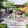 Modern Courtyard Garden Design With Stone Path Water Feature And Pergola Seating Area