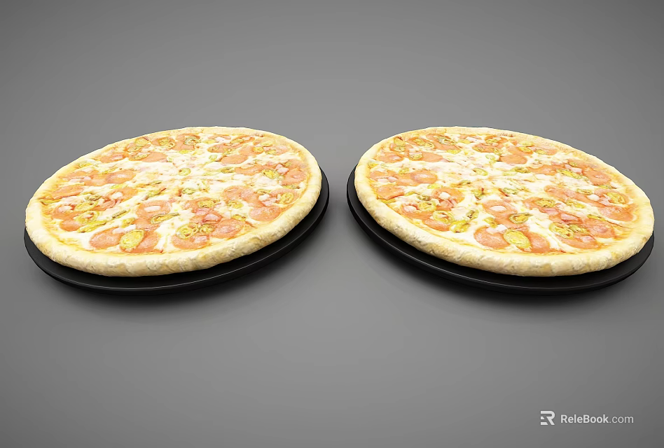 Two Delicious Pizzas Topped With Cheese Tomato And Ham On Black Plates Against Grey Background 3d model 