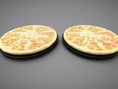 Two Delicious Pizzas Topped With Cheese Tomato And Ham On Black Plates Against Grey Background 3d model