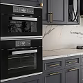 Modern Kitchen Interior With Gray Cabinets Marble Countertop Range Hood And Built In Ovens