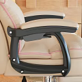 Comfortable Beige Office Chair With Black Armrests Wheels And Wooden Desk In Cozy Home Office