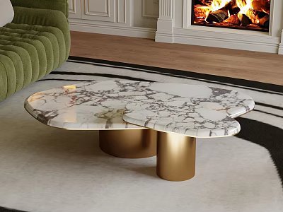 Modern Living Room Unique Irregular Shape Marble Top Coffee Table With Gold Cylindrical Legs 3d model