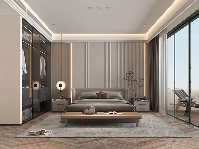 Modern Bedroom Interior Design With King Bed Open Closet Striped Wall And Green Plant 3d model