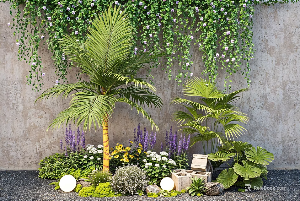 Colorful Flowers and Palm Plants with Stone Wall Wooden Crate and Small Lights 3d model 